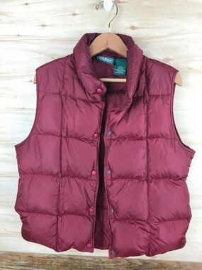 Vintage 90s LL Bean Goose Down Puffer Quilted Red Burgundy Vest Medium DHF6